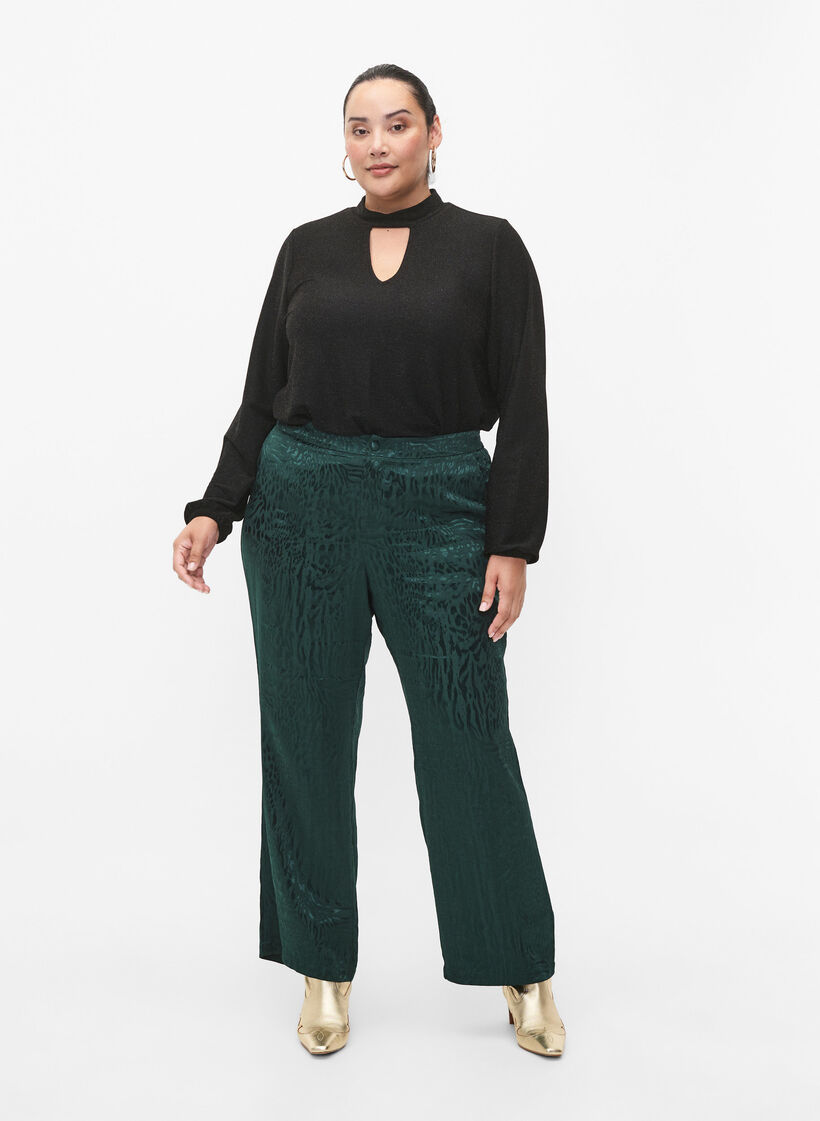 Long-sleeved glitter blouse with round neck and V-detail, Black Black, Model image number 3