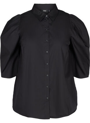 Cotton shirt with 3/4 length puff sleeves, Black, Packshot image number 0