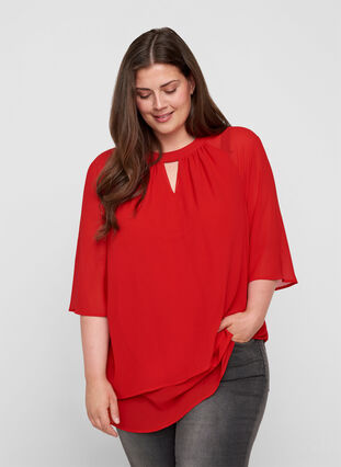 Chiffon blouse with 3/4 sleeves, Tango Red, Model image number 0
