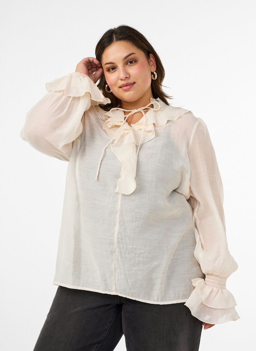 Viscose blouse with ruffles and long sleeves, Vanilla, Model image number 0