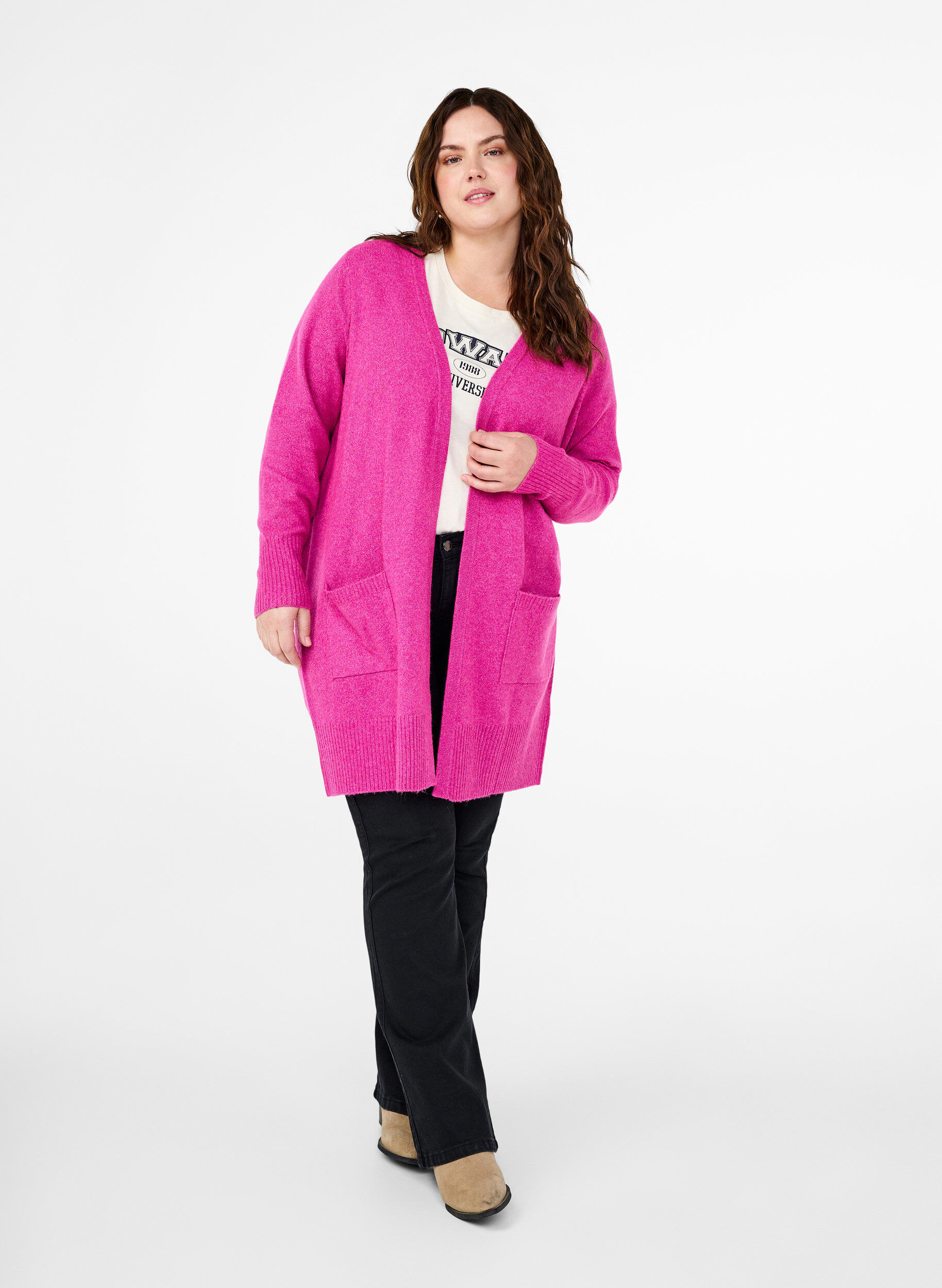 Zizzifashion Ribbed Knit Cardigan with Pockets, Pink, Model image number 1