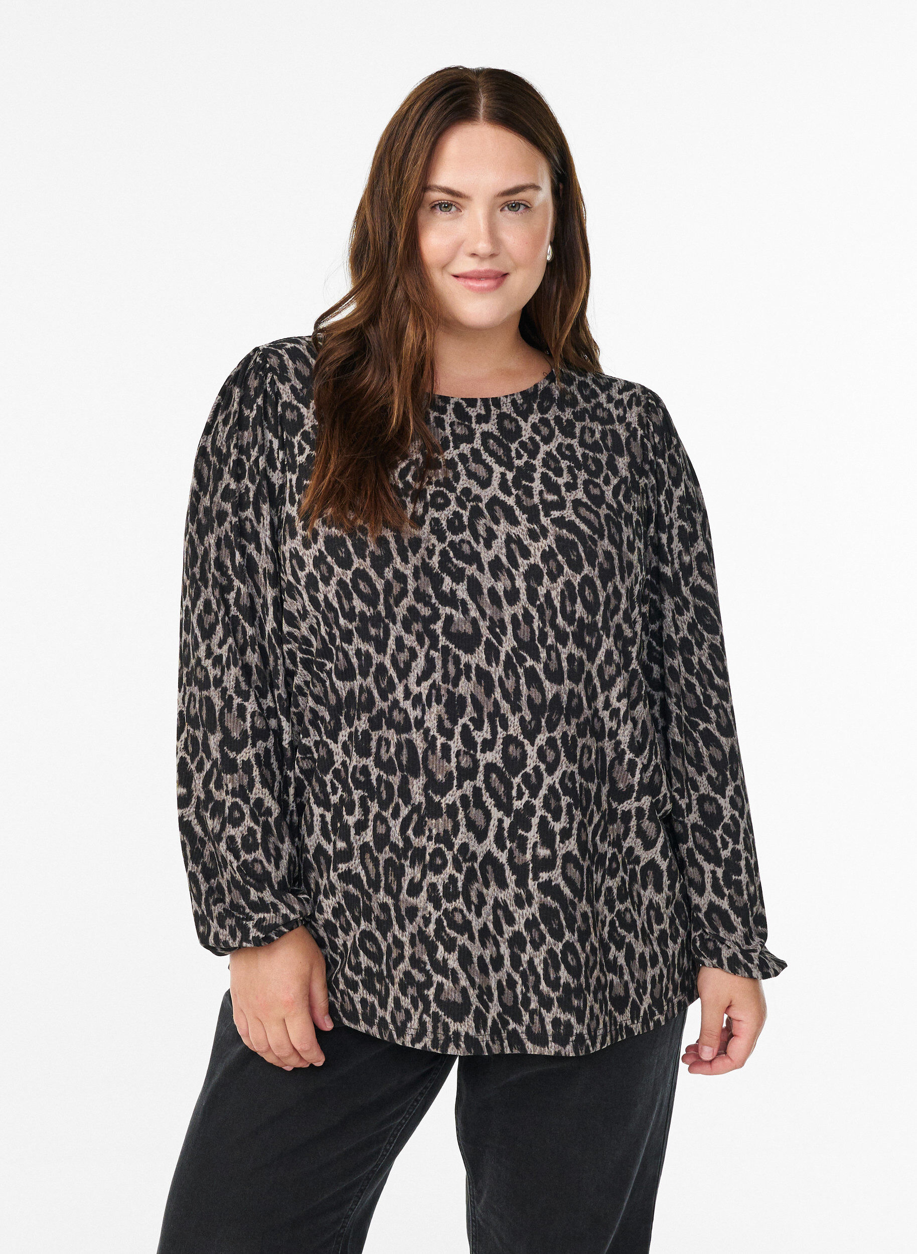 ZizzifashionBlouse with long sleeves and leopard print, Dark Grey, Model image number 0