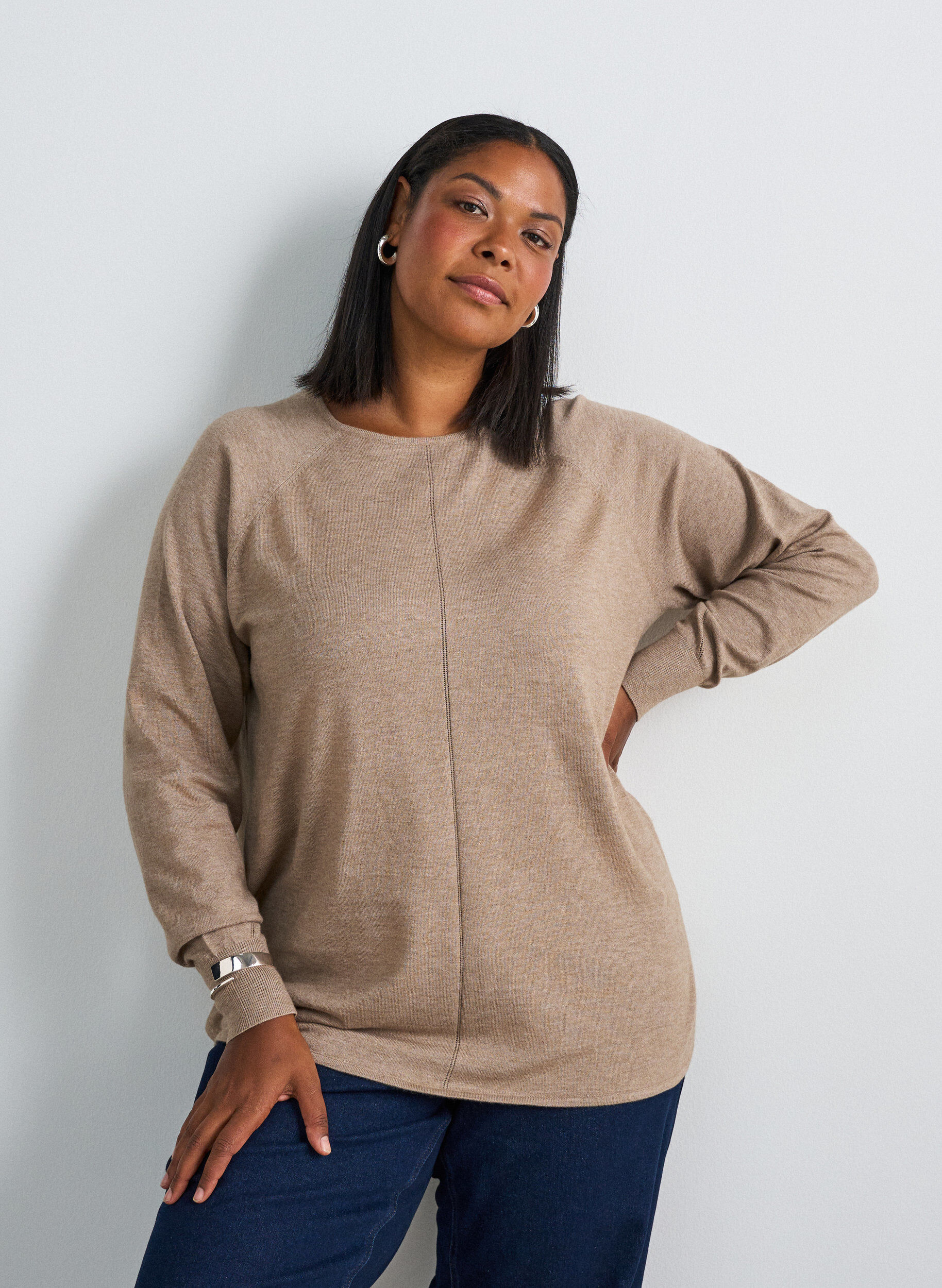ZizzifashionKnitted blouse with round neck and knitted pattern, Beige, Model image number 0