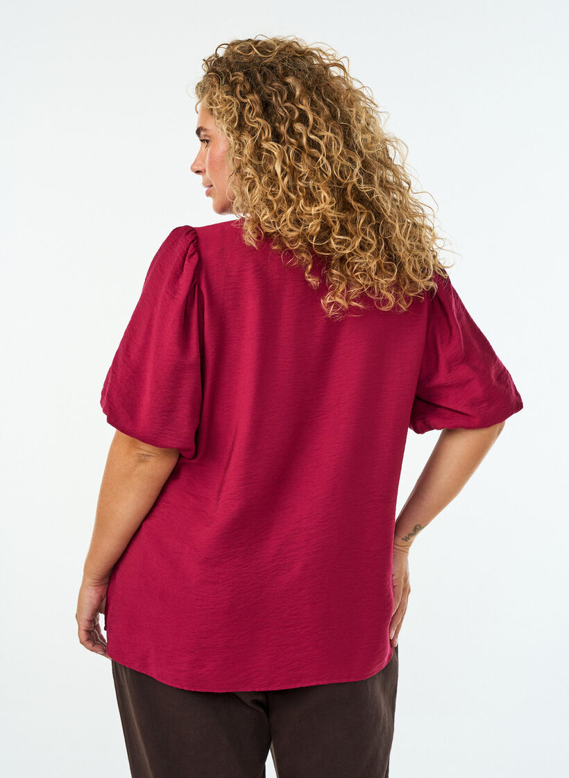 Blouse with balloon sleeves and V-neck, Red, Model image number 2