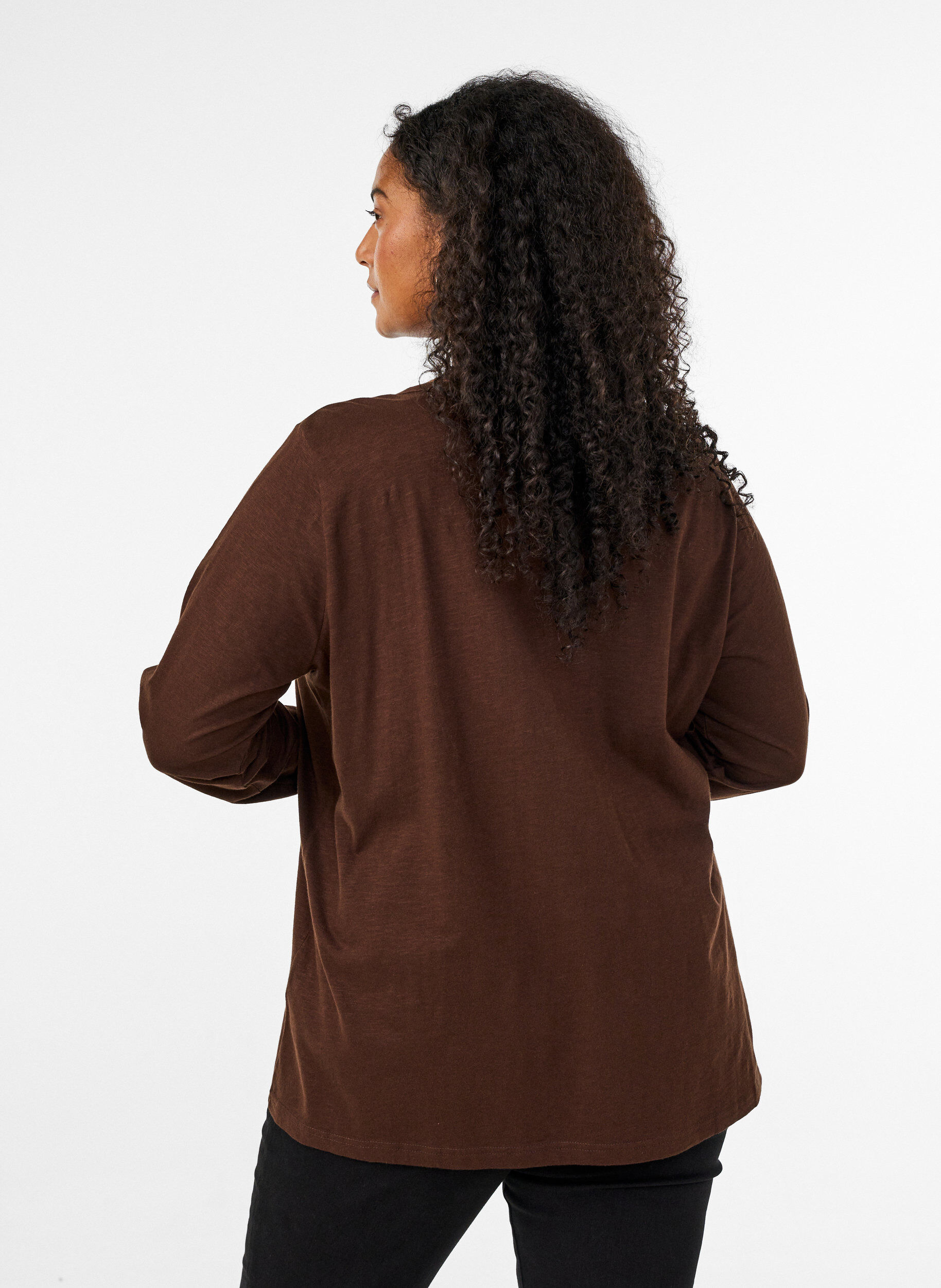 ZizzifashionLong-sleeved t-shirt with V-neck and buttons, Brown, Model image number 2