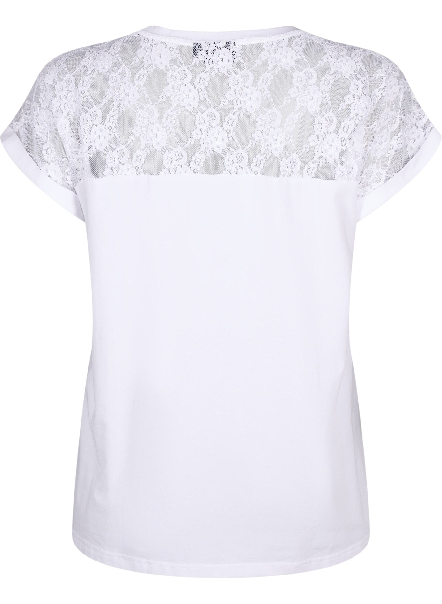 Zizzifashion Short-sleeved cotton t-shirt with lace, Bright White, Packshot image number 1