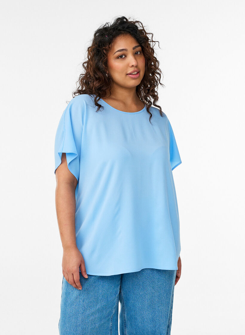 Blouse with short sleeves and a round neckline, Blue, Model image number 0