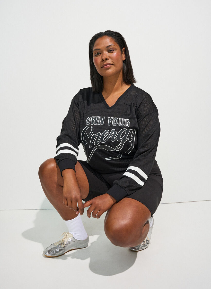 Sporty mesh top with text print, Black, Image image number 0