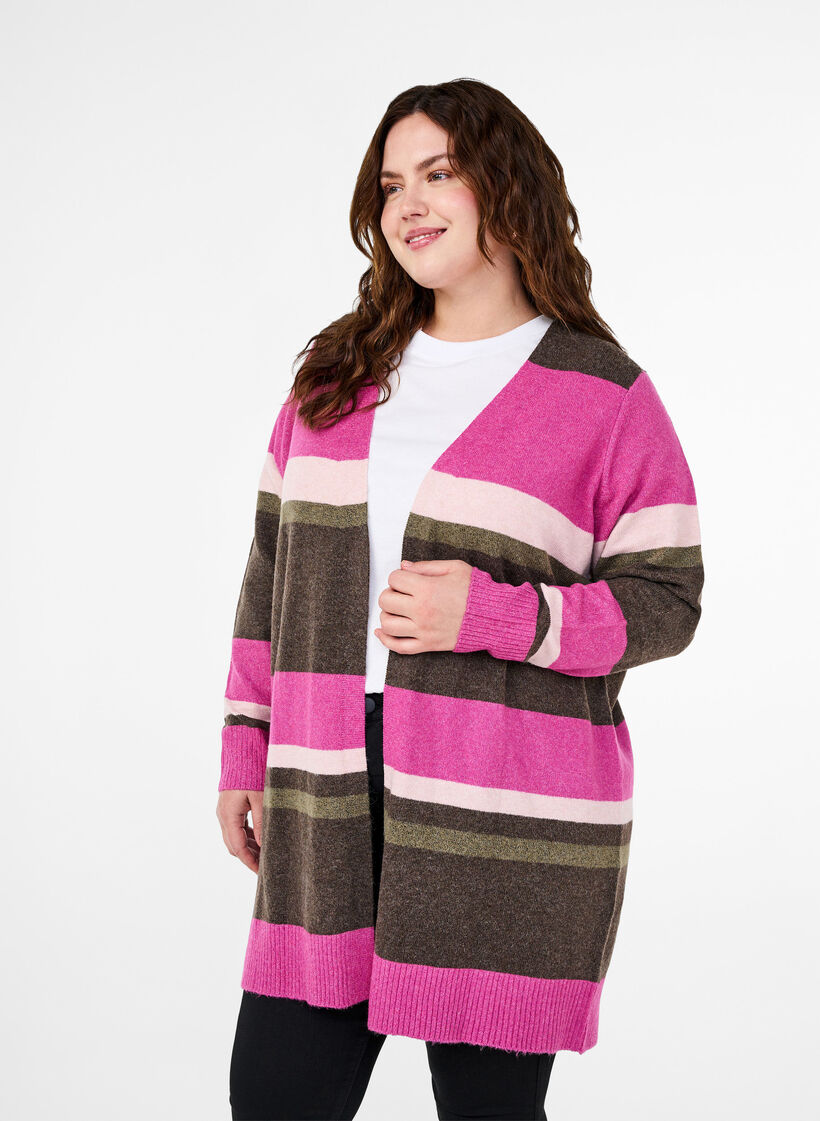 Long knit cardigan with wide stripes, Pink, Model image number 0