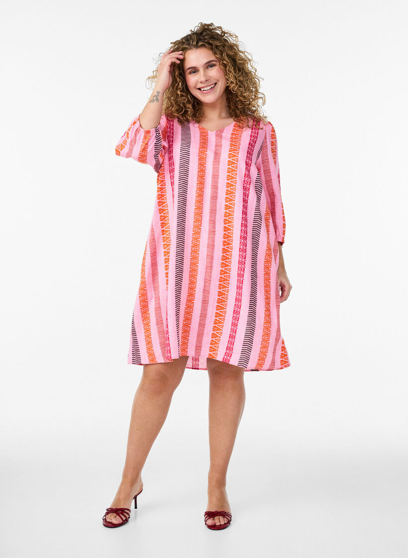 Short dress in linen and viscose with 3/4 sleeves, Pink, Model image number 0