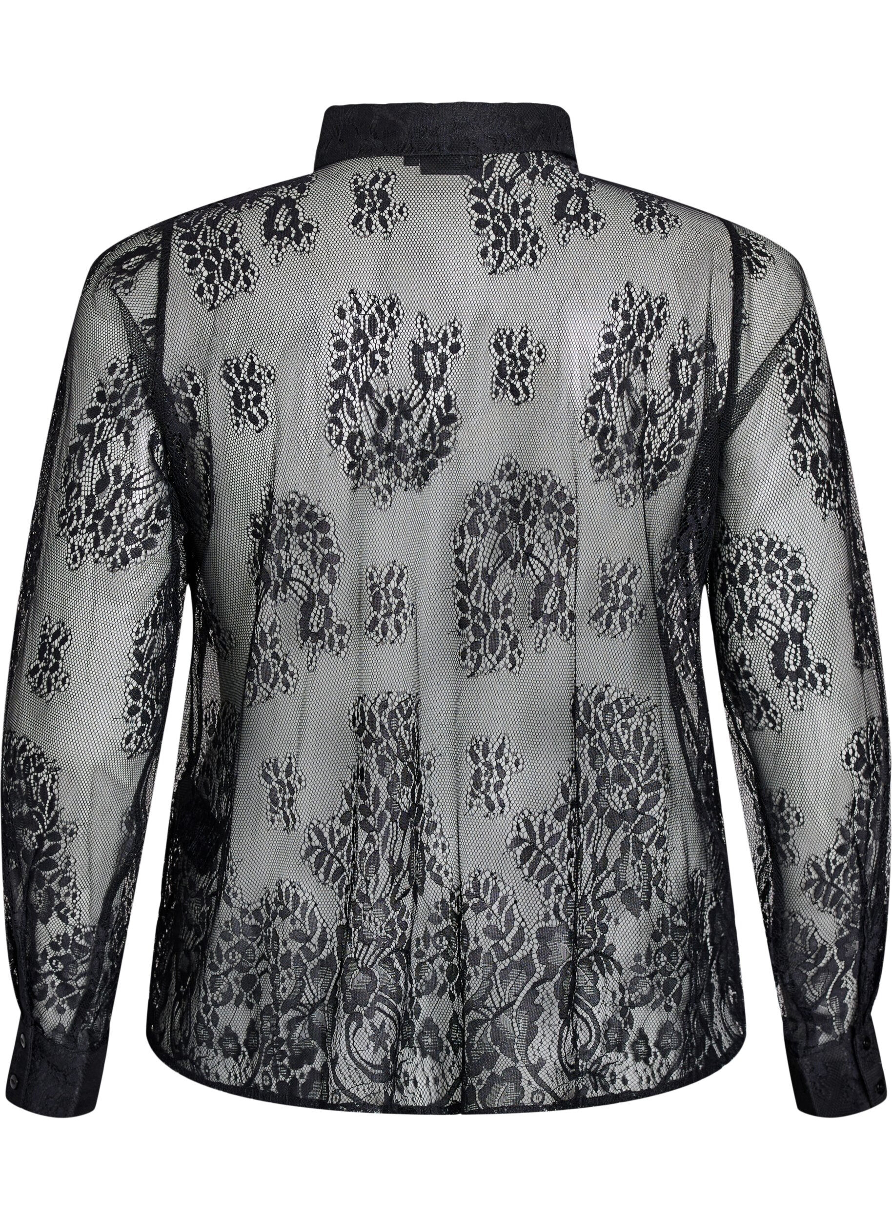 Zizzifashion Transparent lace shirt with long sleeves, Black, Packshot image number 1