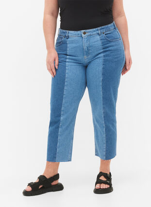 Cropped Vera jeans with colorblock, Blue denim, Model image number 2