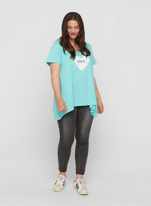 Short-sleeved cotton t-shirt with a-line, Aqua Sky PARIS, Model image number 2