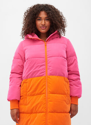 Long winter jacket with colour block, Pink W/Orange, Model image number 2