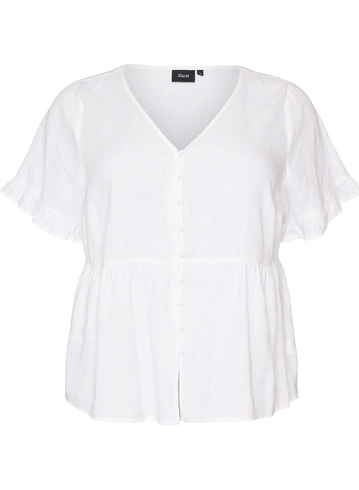Blouse in linen and viscose with a V-neck and button fastening, White, Packshot image number 0