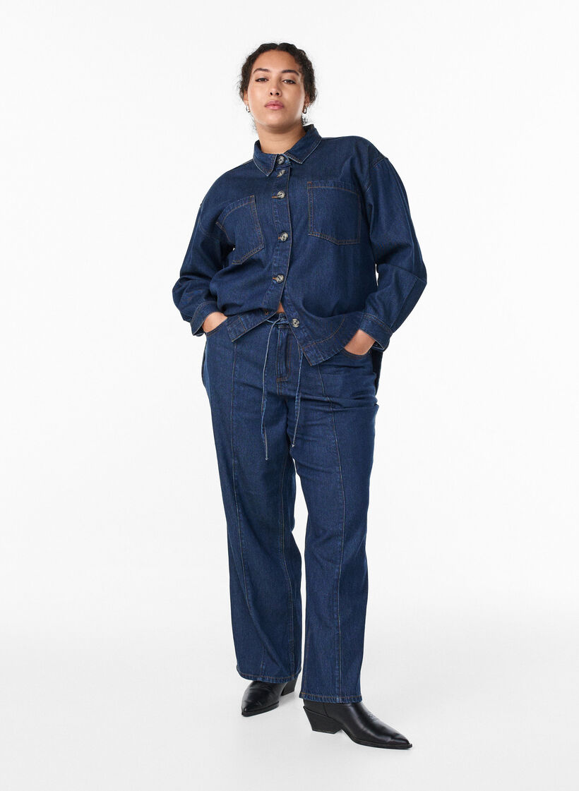 Wide leg jeans with tie belt and high waist, Blue, Model image number 0