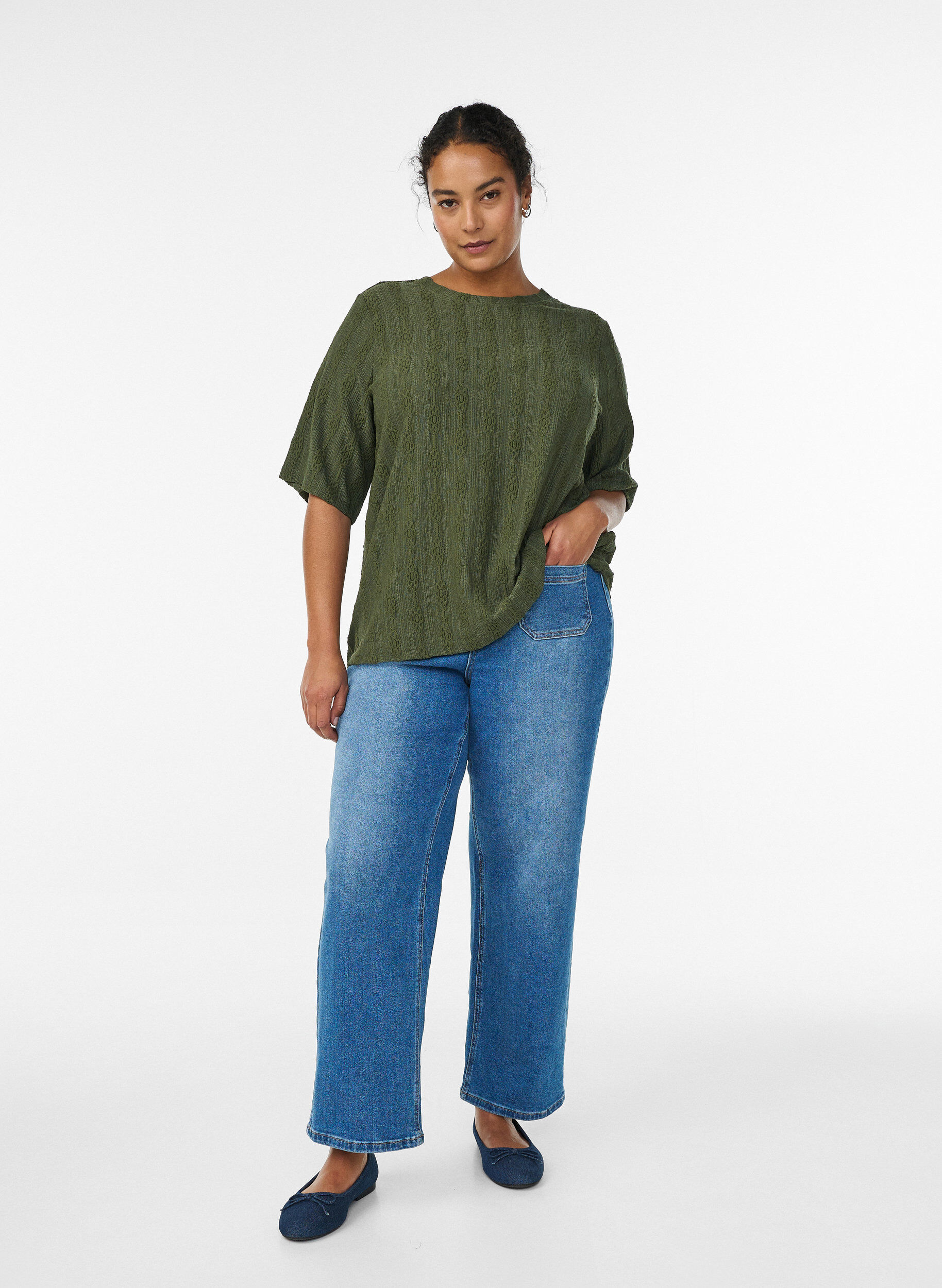 Zizzifashion Blouse with textured pattern and short sleeves, Green, Model image number 1