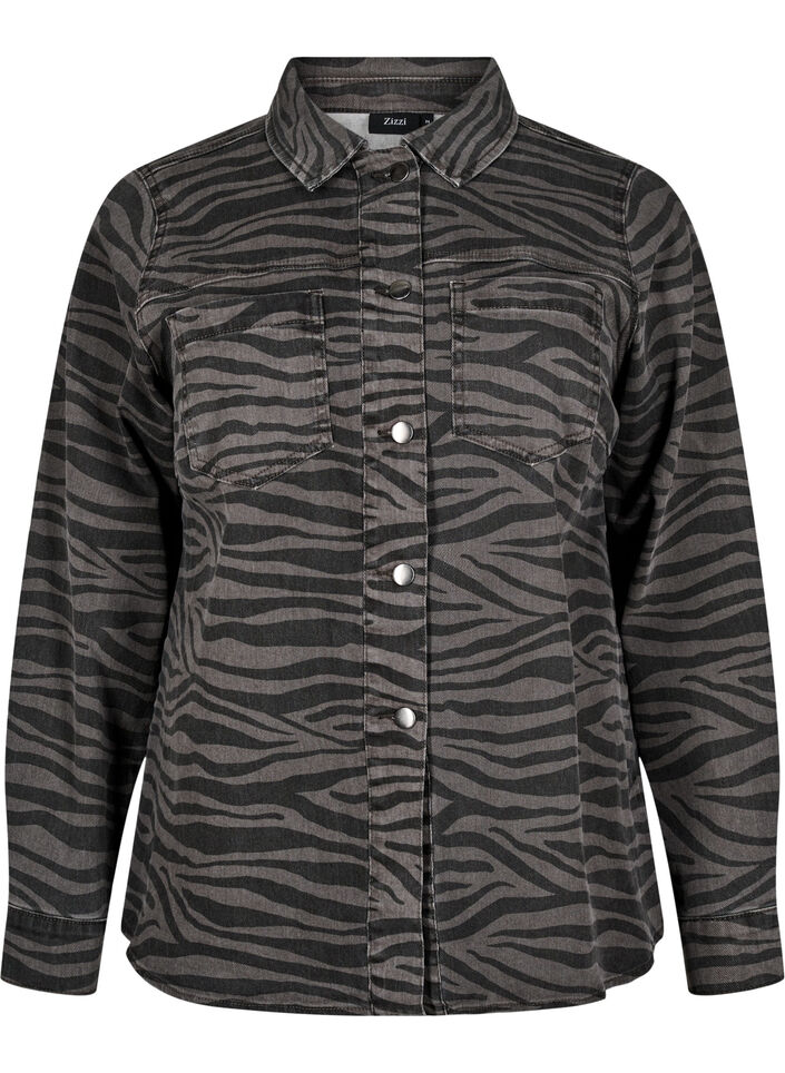 Leopard print denim shirt with buttons, Black, Packshot image number 0