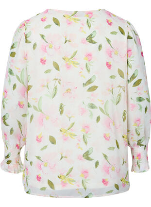 Floral blouse with long sleeves and v neck, White/Pink Flower, Packshot image number 1