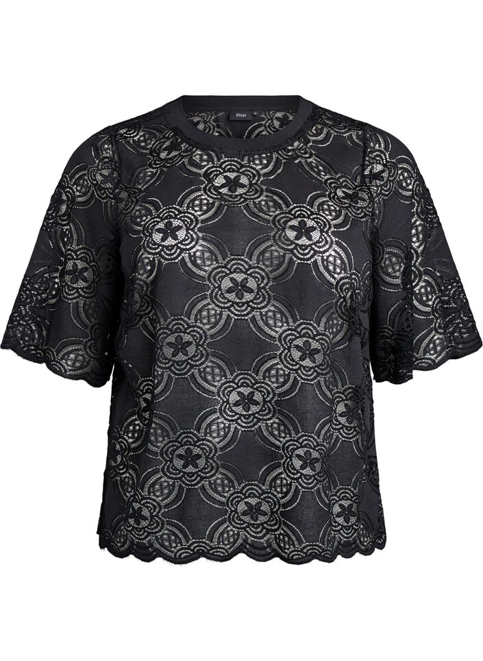 Lace blouse with a graphic pattern and 1/2-length sleeves, Black, Packshot image number 0