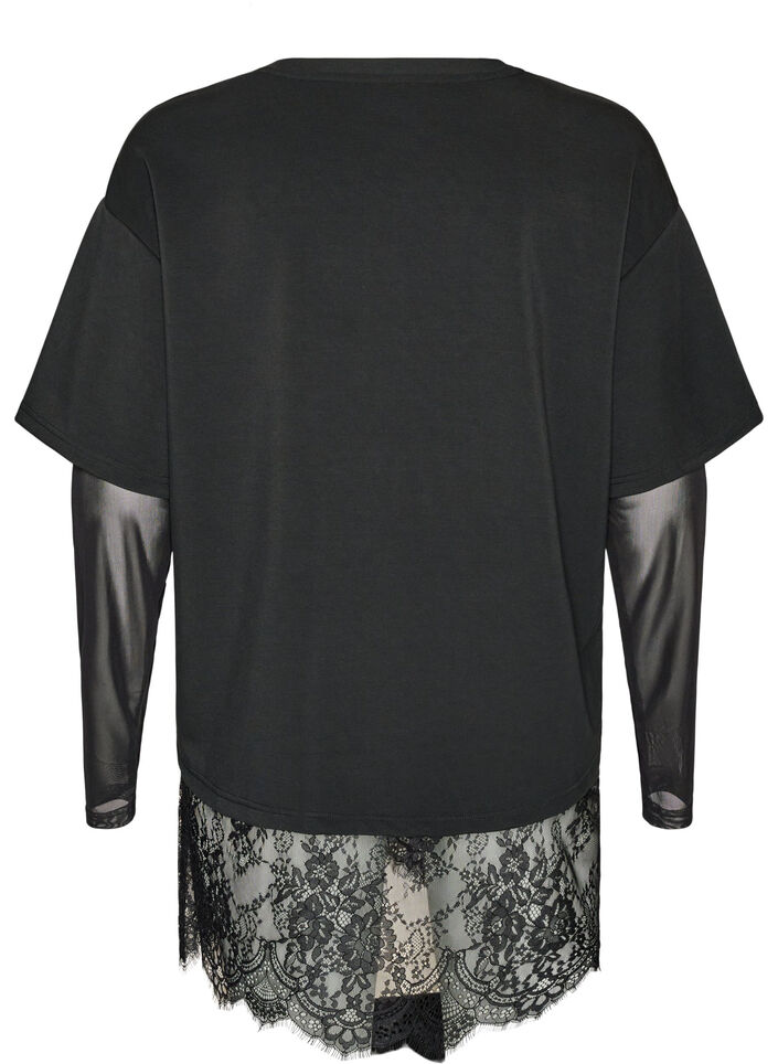 Blouse with mesh sleeves and lace trim, Black, Packshot image number 1
