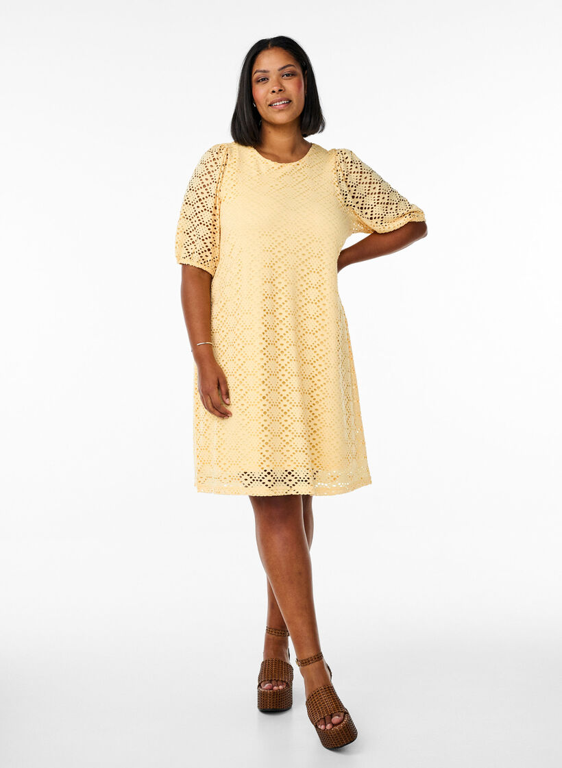 Knee-length dress with eyelet pattern and short sleeves, Yellow, Model image number 1