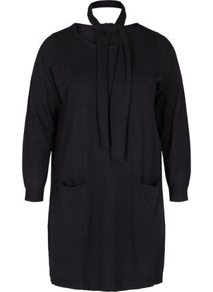 Long-sleeved knitted dress with pockets, Black, Packshot image number 0