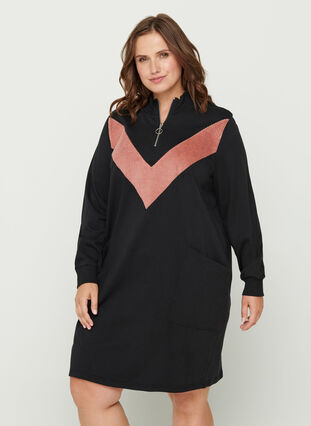 Sweater dress with pockets and a zip, Black w. Burlwood, Model image number 0
