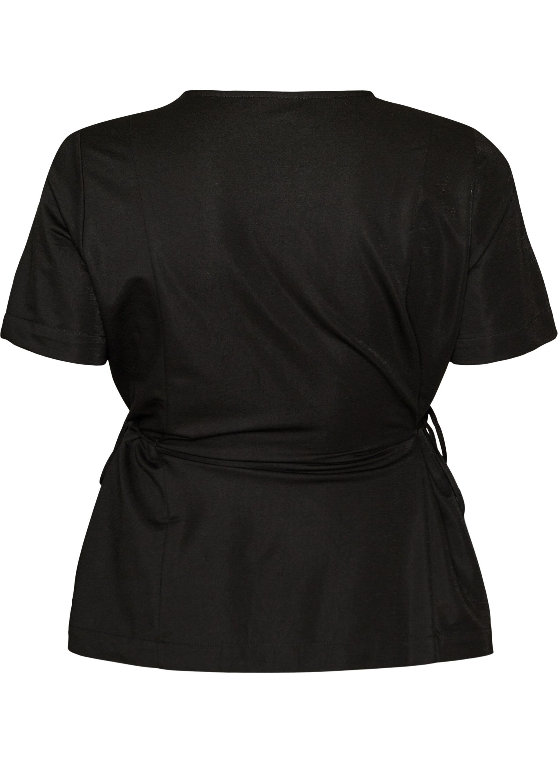 Zizzifashion Blouse in a cotton blend with a V-neck and tie-string, Black, Packshot image number 1