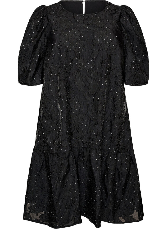 Jacquard dress with sparkly details and puff sleeves, Black, Packshot image number 0