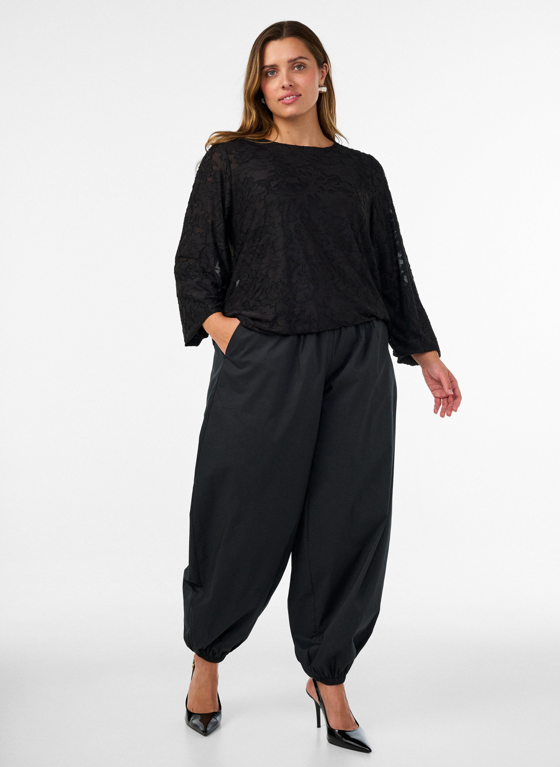 ZizzifashionSheer blouse with floral texture and long sleeves, Black, Model image number 1