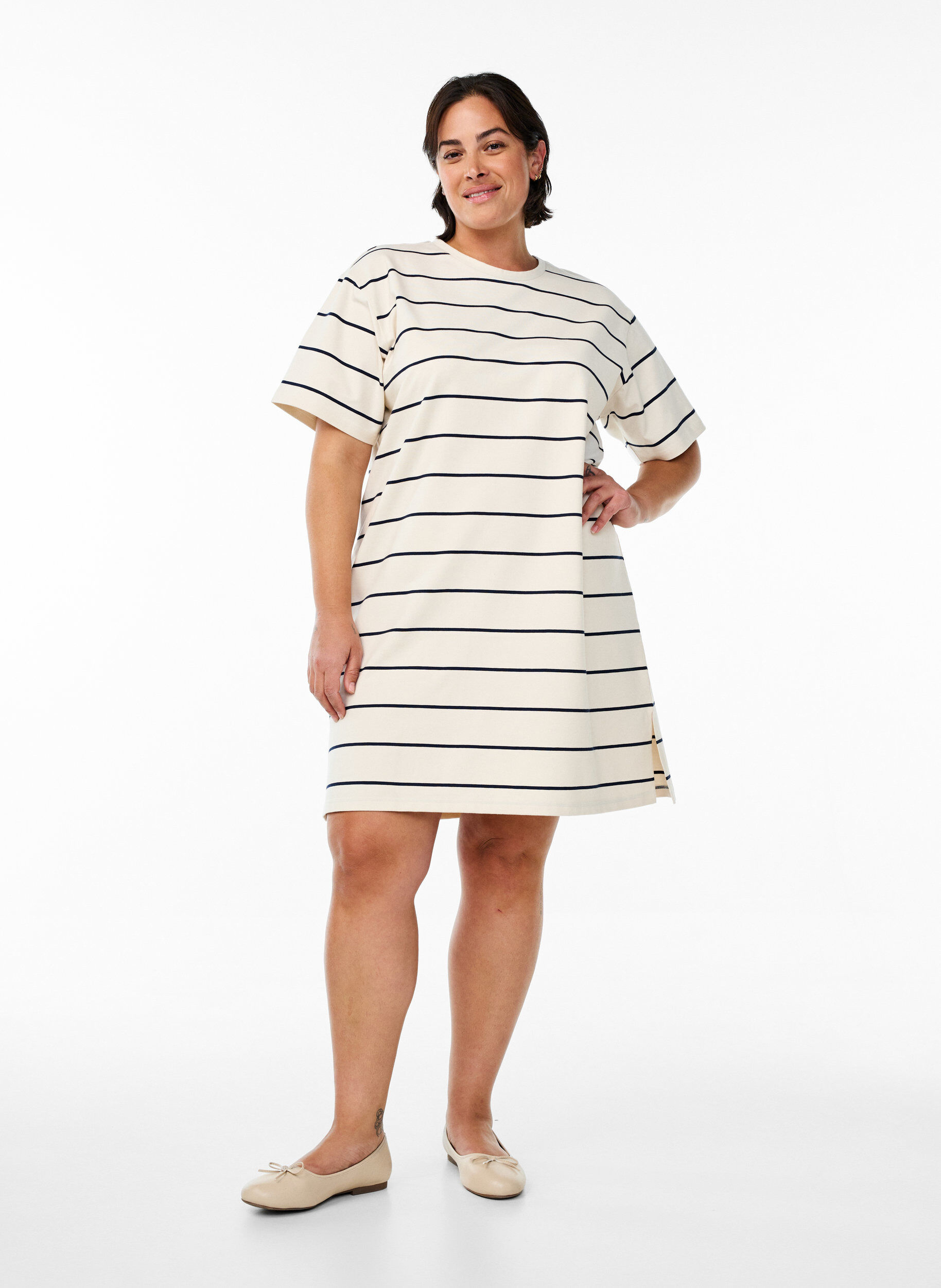 Zizzifashion Short jersey dress with stripes, Beige, Model image number 1