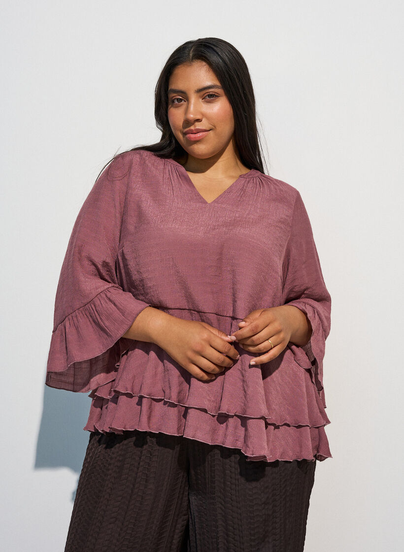 Blouse with 3/4-sleeves and ruffle details, Rose, Model image number 0