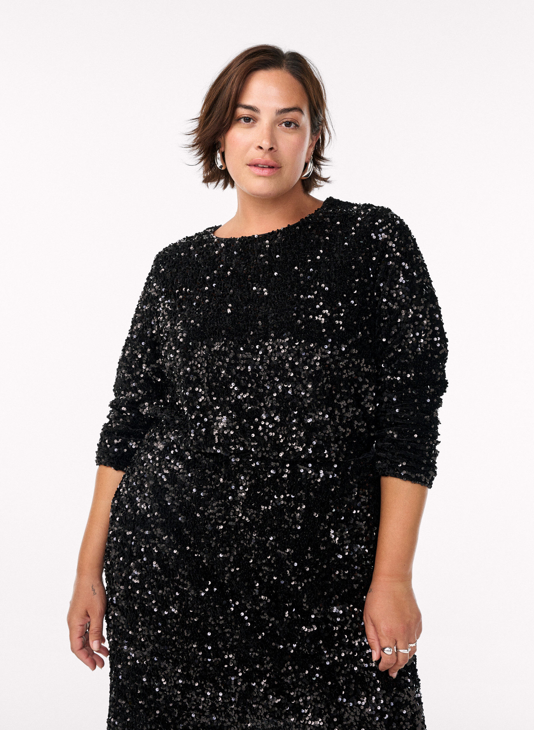 Sequin blouse with long sleeves, Black, Model