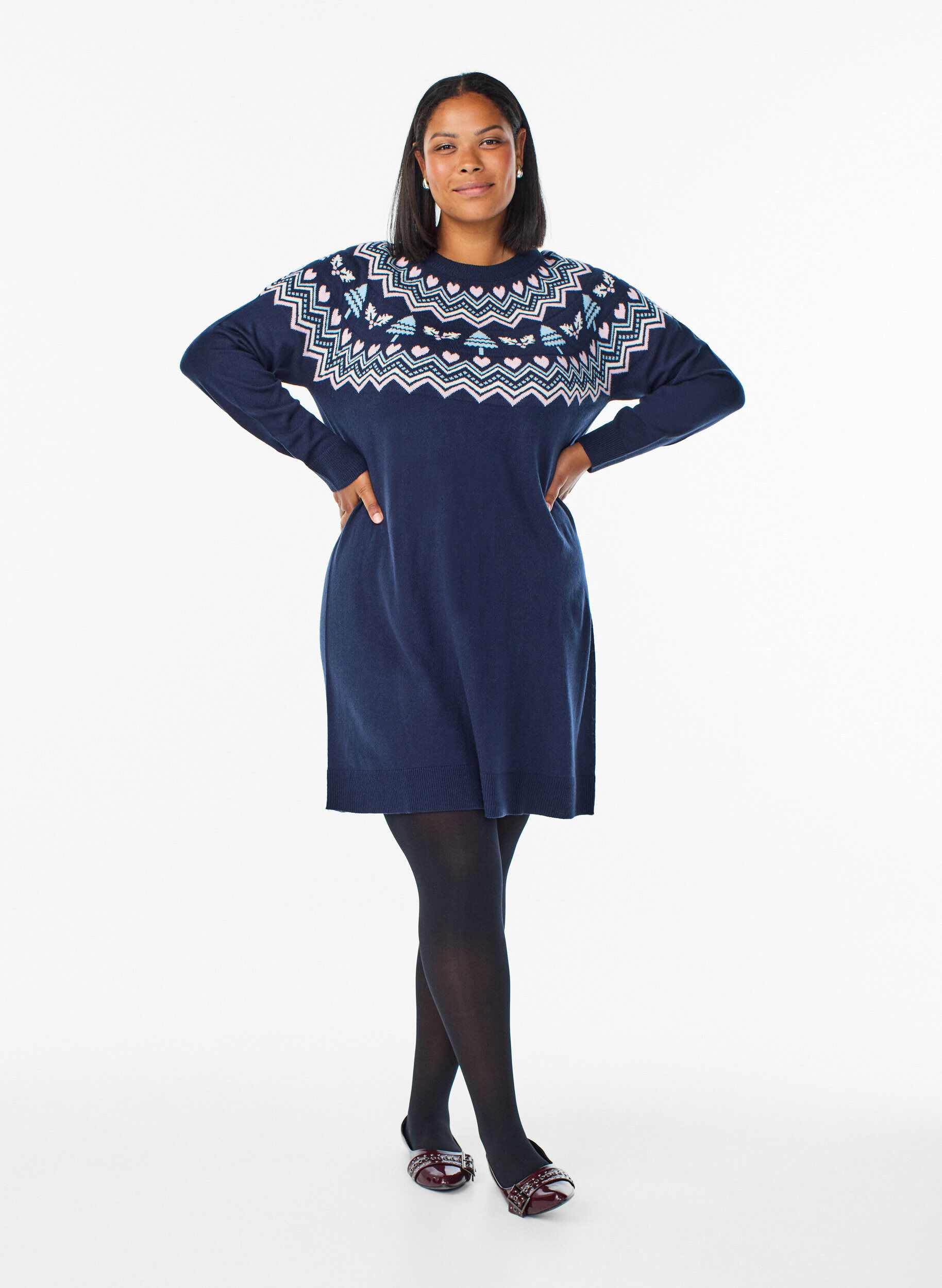 Zizzifashion Short knit dress with jacquard pattern and Christmas motifs, Blue, Model image number 1