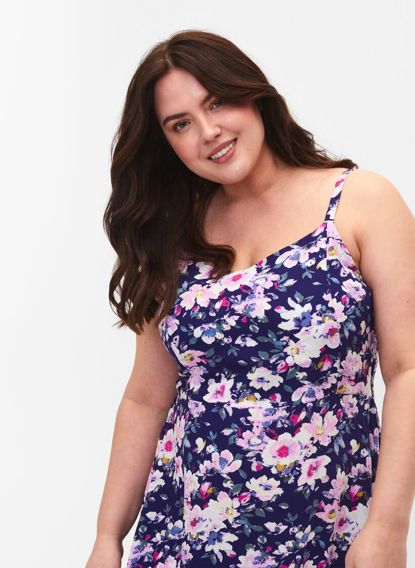 Floral viscose strap dress with smocking, Blue Flower, Model image number 3