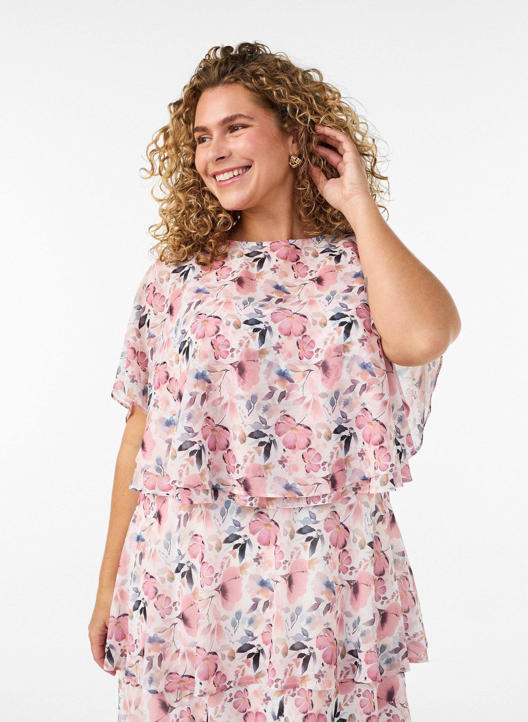 Zizzifashion Maxi dress with ruffle layers and detachable cape, White, Model image number 3