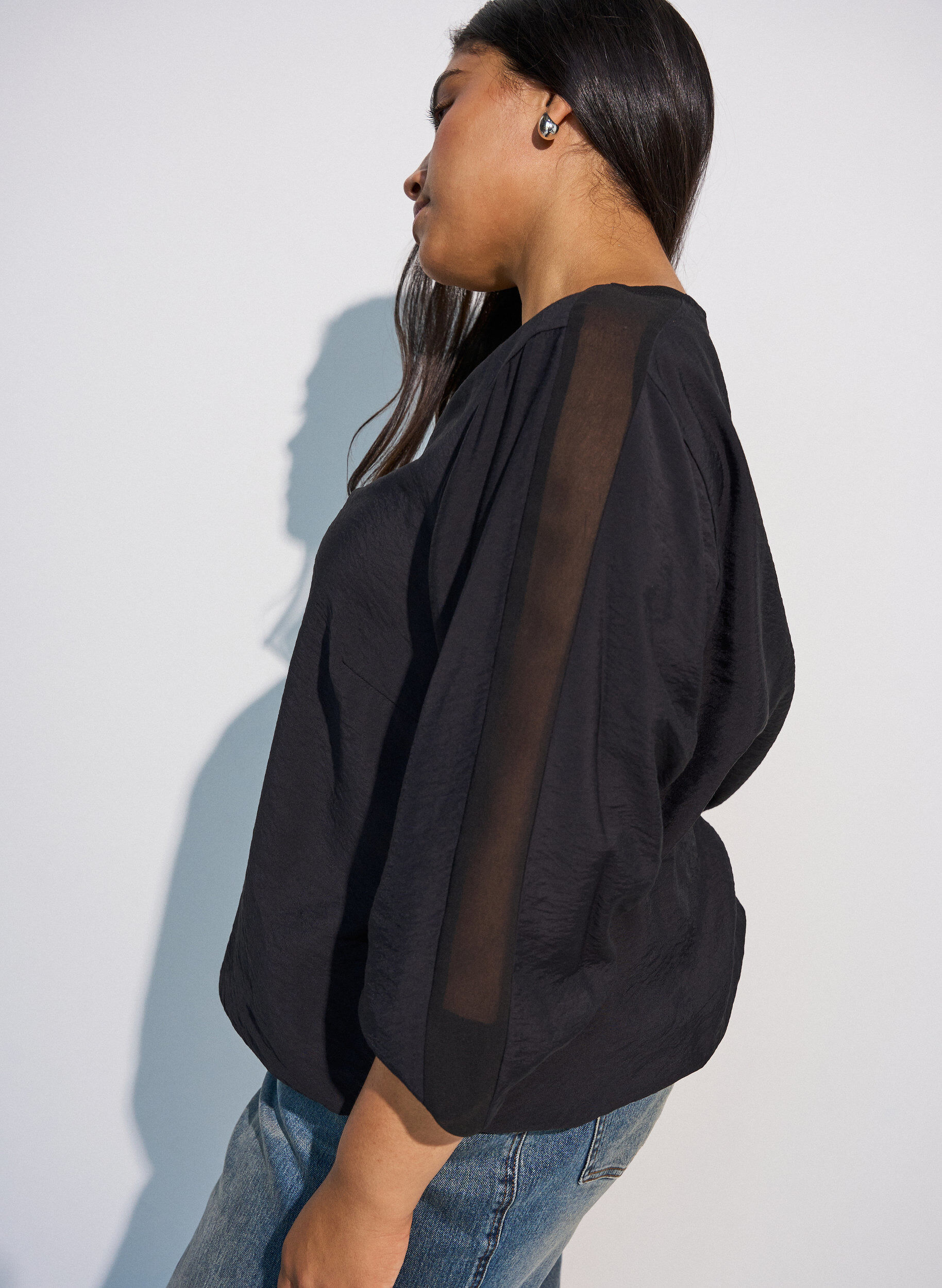 ZizzifashionBlouse with balloon effect and chiffon details, Black, Model image number 3