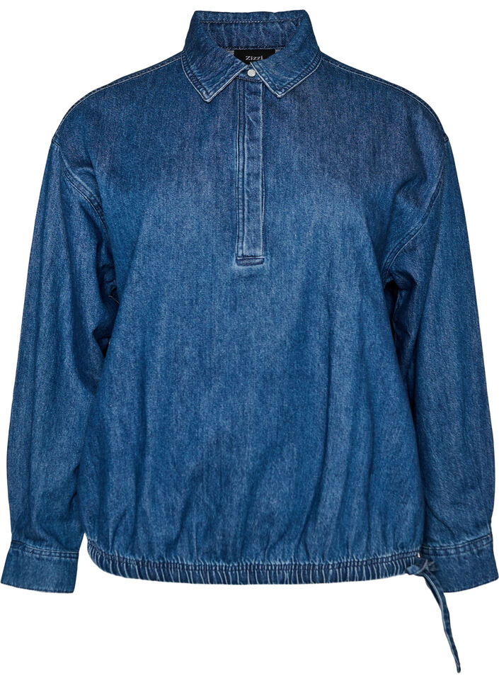 Denim blouse with balloon fit, Blue, Packshot