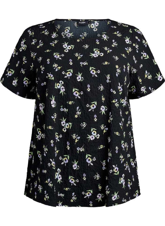 FLASH - Short-sleeved blouse with texture, Black, Packshot image number 0