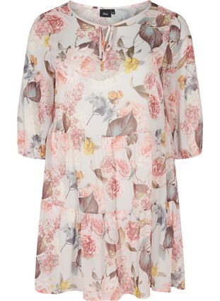 Floral Tunic with 3/4 sleeves and A-line, Light Lilac AOP, Packshot image number 0