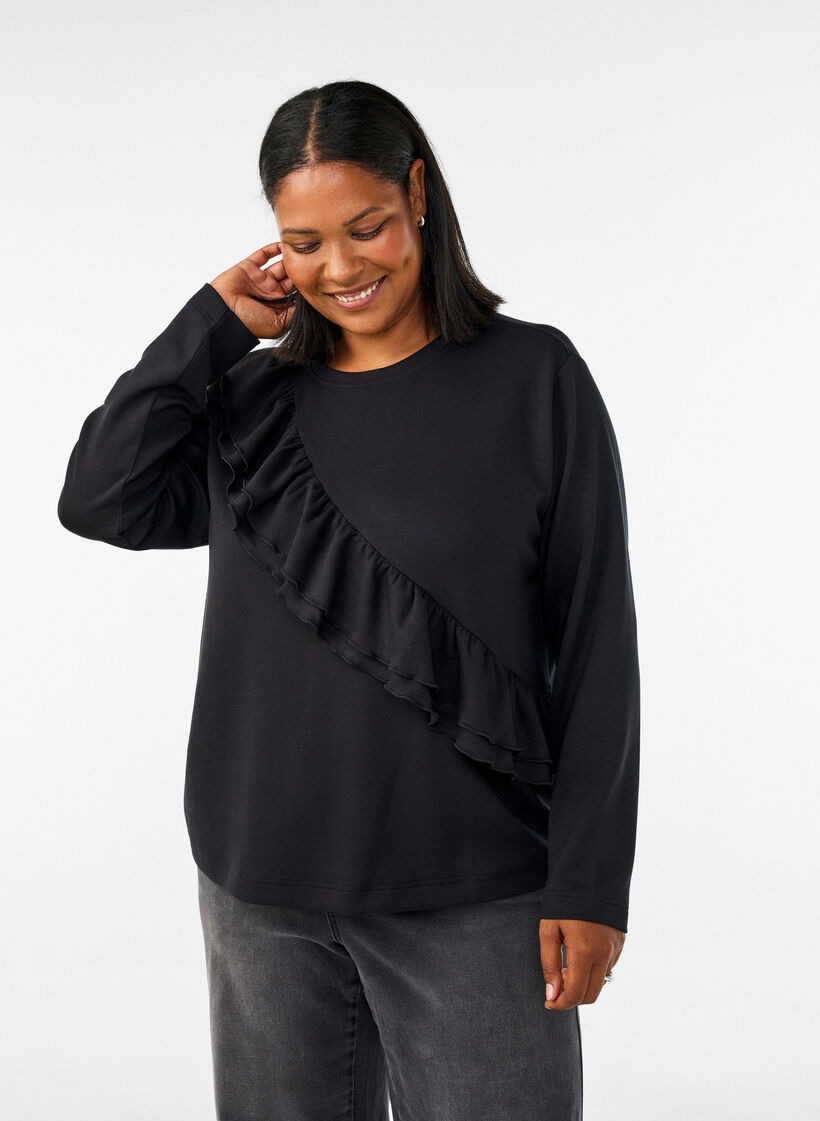 Jersey blouse with a diagonal ruffle detail, Black, Model image number 0