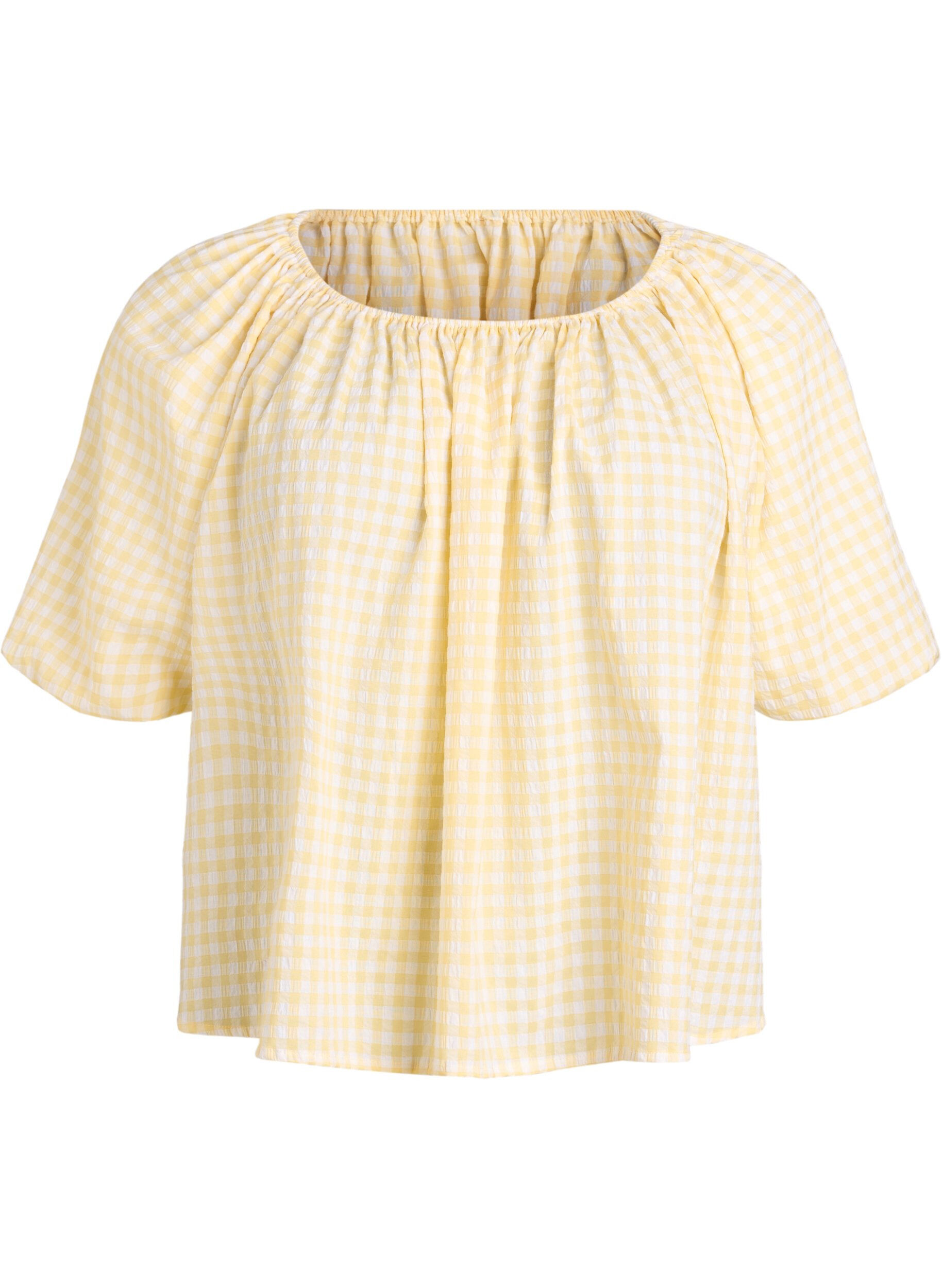 Small check blouse with an elasticated neckline and elbow-length sleeves