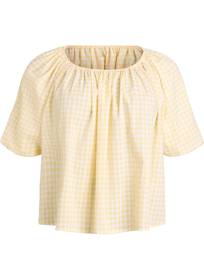 Small check blouse with an elasticated neckline and elbow-length sleeves, Yellow, Packshot image number 0