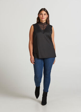 High neck top with lace details, Black, Model image number 0