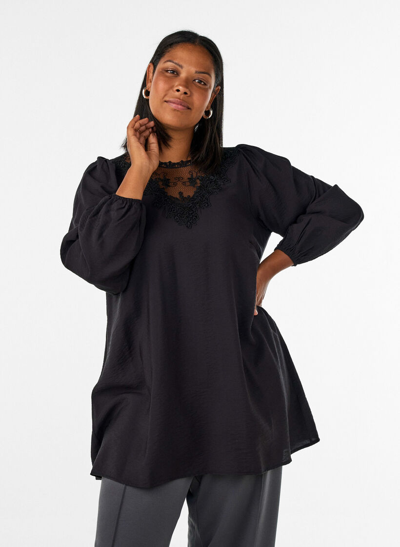 Tunic in viscose with lace detail, Black, Model image number 0
