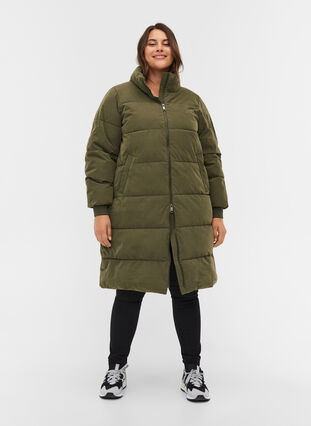 Long puffer jacket with zipper, Forest Night, Model image number 2