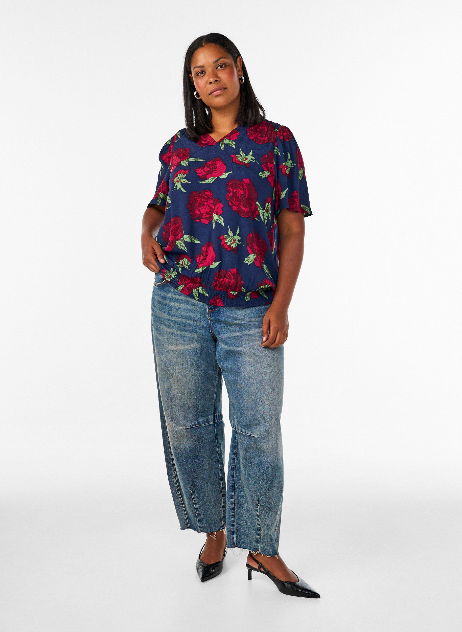 ZizzifashionViscose blouse with floral print and balloon shape, Blue, Model image number 1