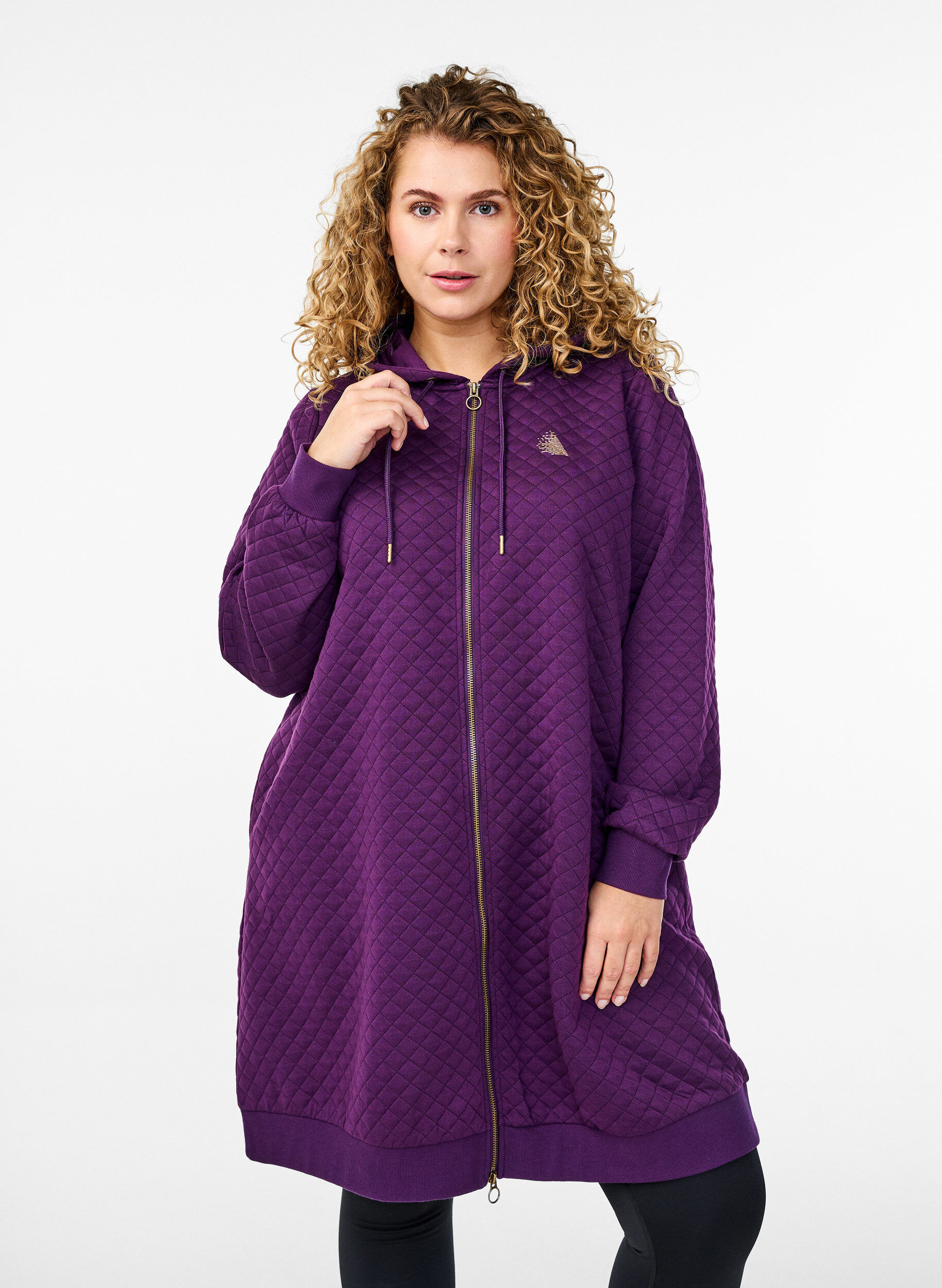 Zizzifashion Long quilted sports cardigan with zipper, Purple, Model image number 0