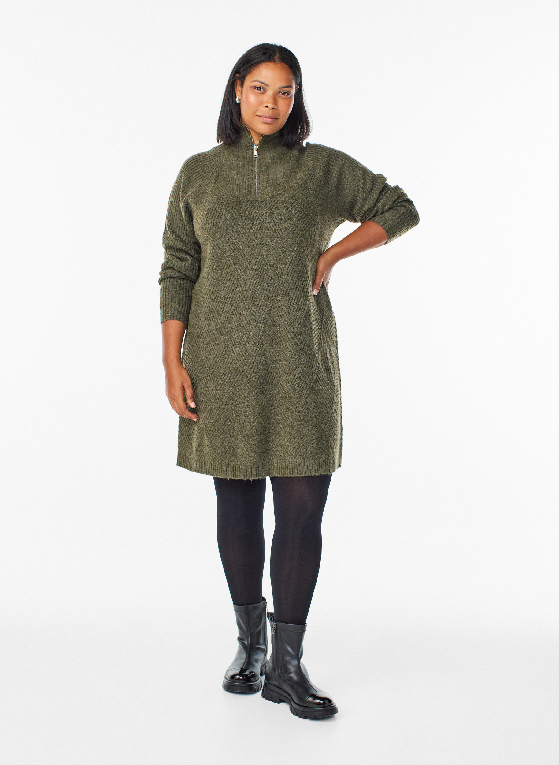 ZizzifashionKnee-length knitted dress with high neck, Green, Model image number 1